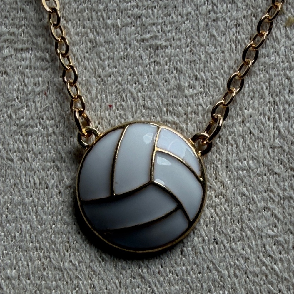 Gold Necklace with White Enamel Volleyball Pendant